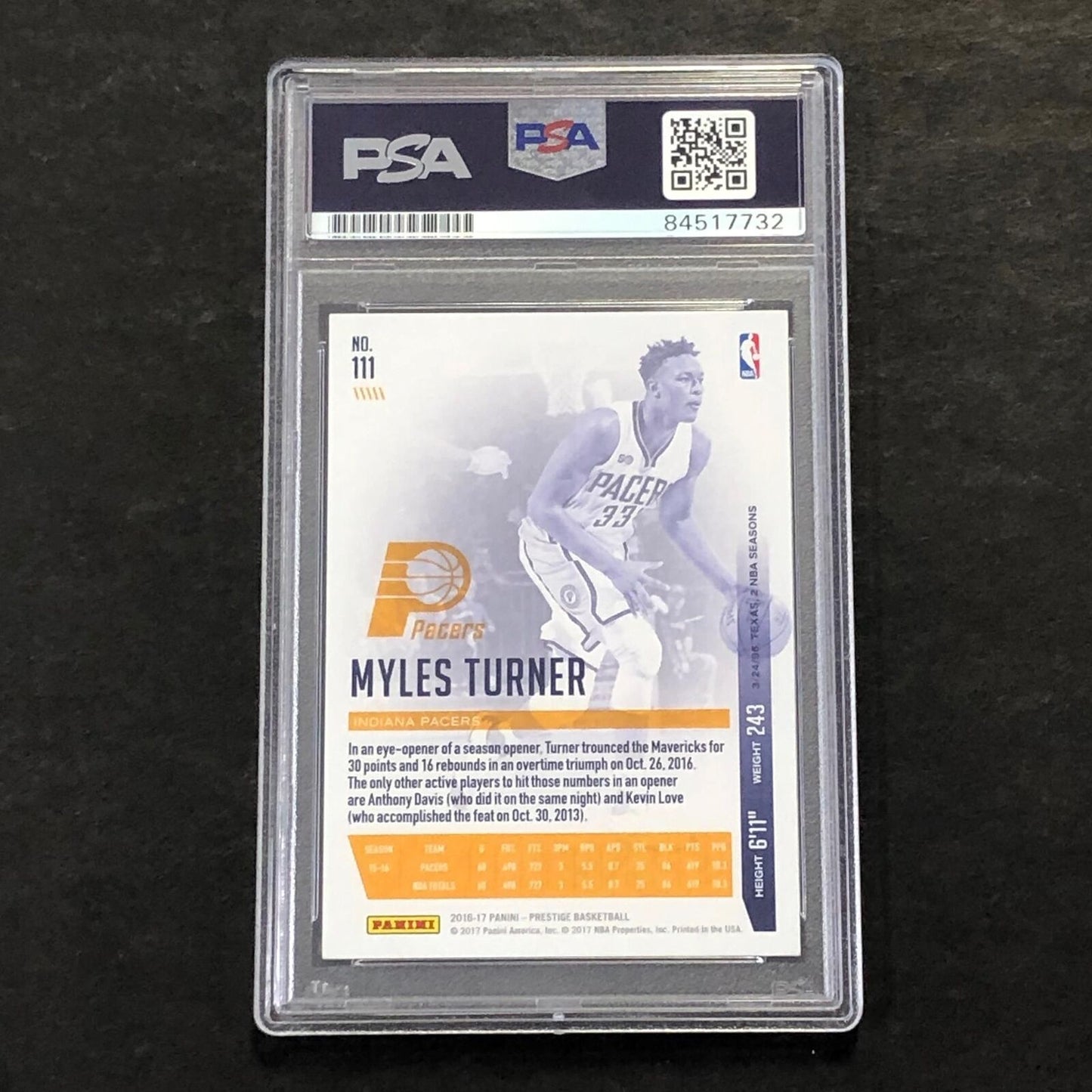 2016-17 Panini Prestige #111 Myles Turner Signed Card AUTO PSA Slabbed Pacers