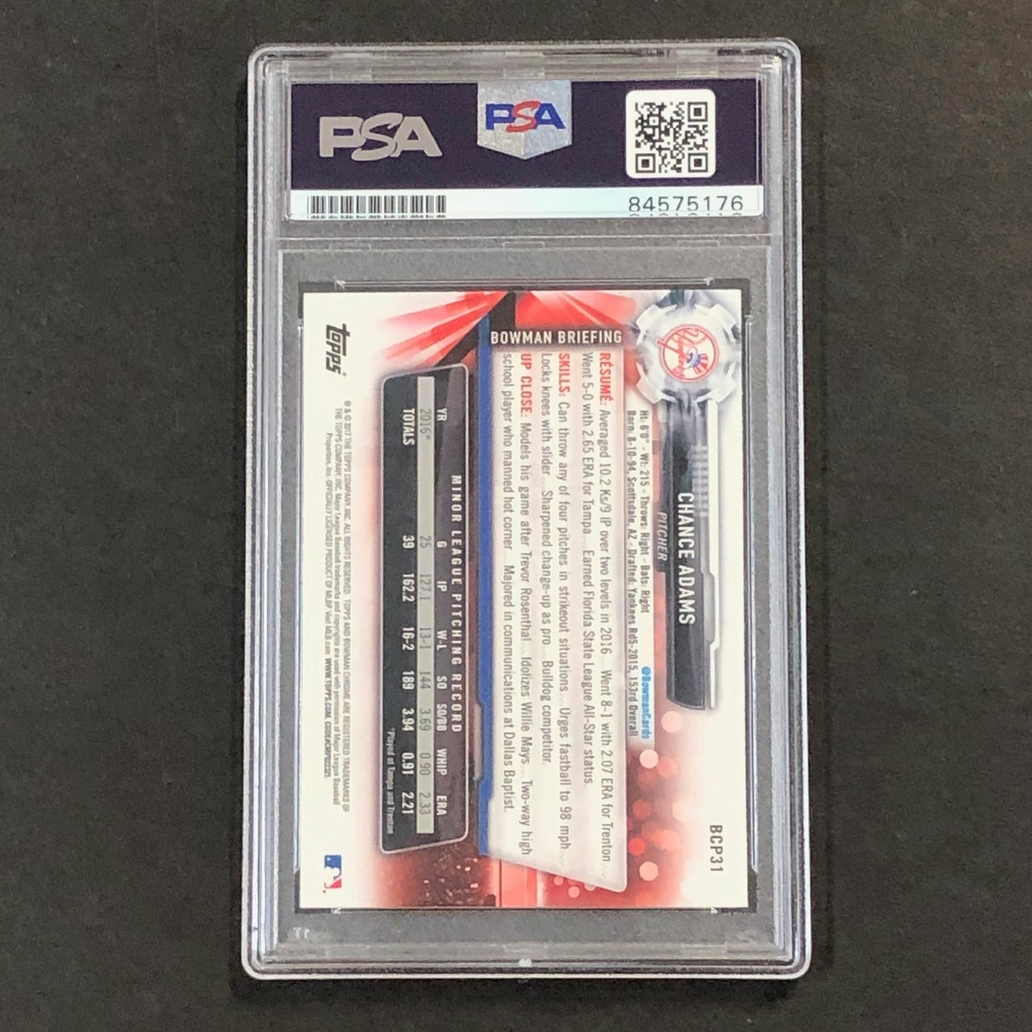 2017 Bowman Chrome #BCP31 Chance Adams Signed Card PSA Slabbed Auto Yankees