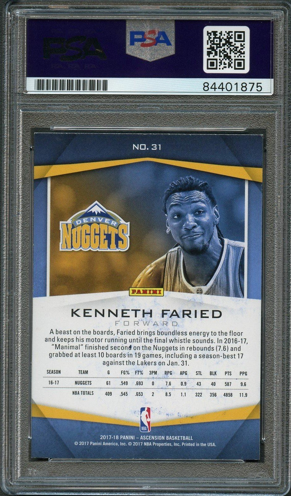 2017-18 Panini Ascension #31 Kenneth Faried Signed AUTO PSA Slabbed Nuggets