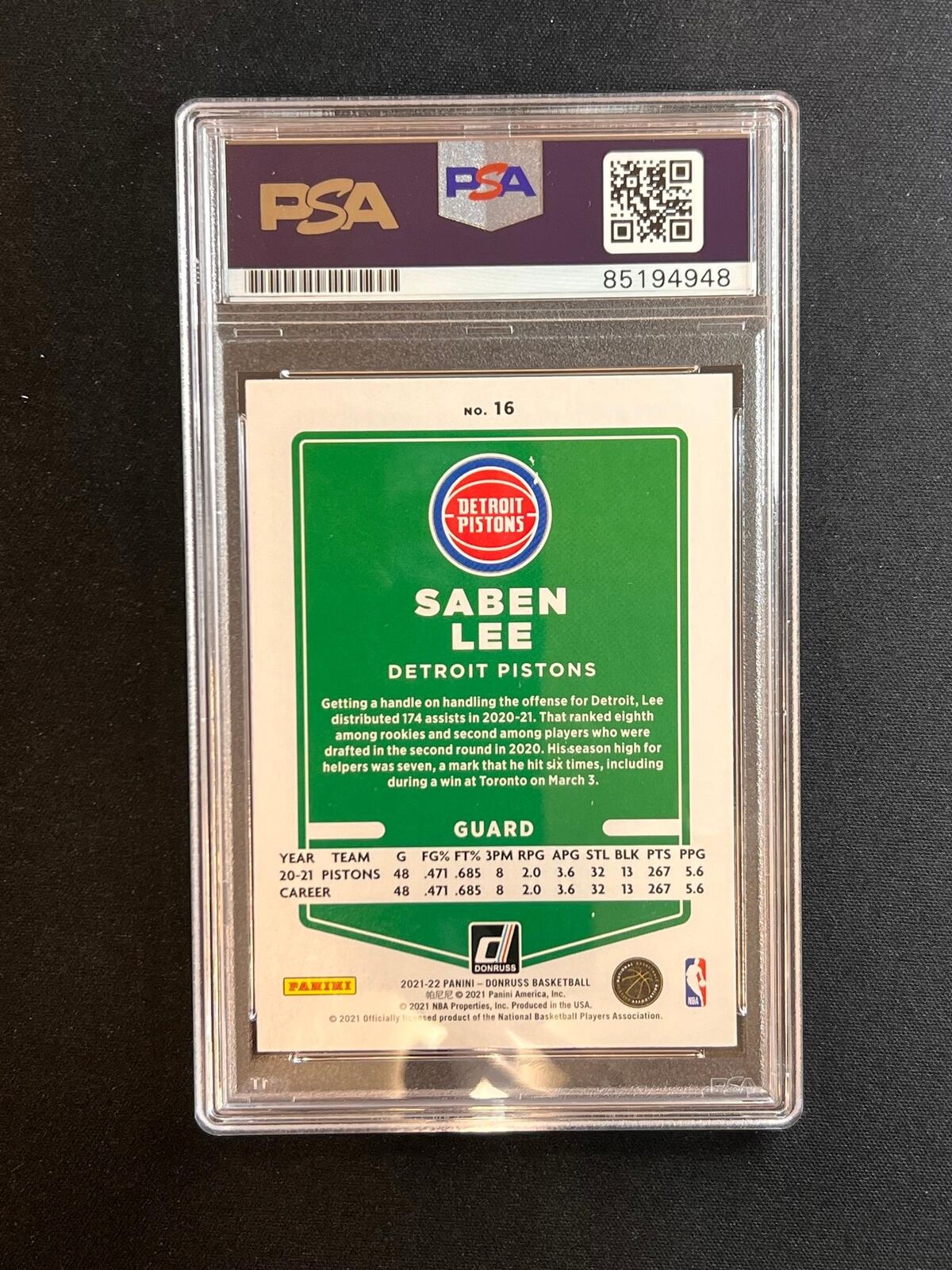 2021-22 Panini Donruss #16 Saben Lee Signed Card AUTO PSA Slabbed Pistons