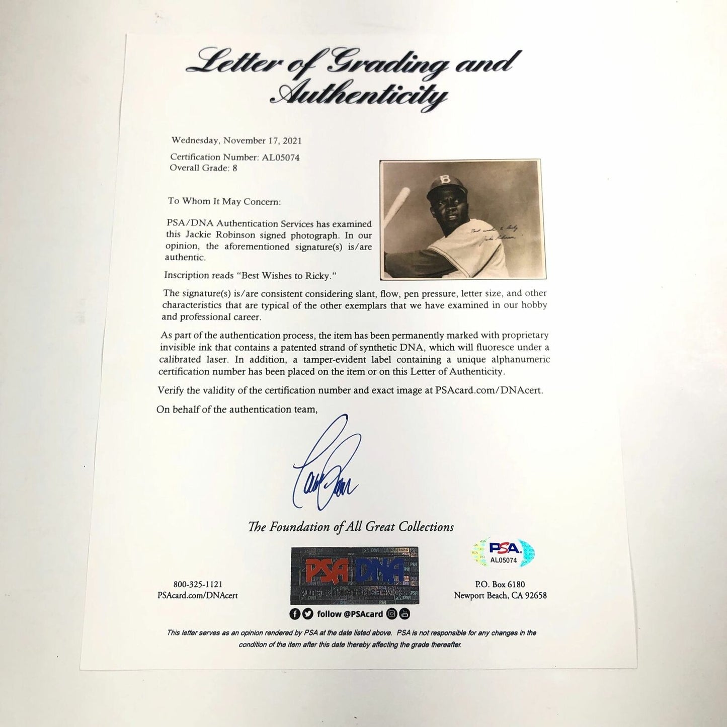 Jackie Robinson Signed 11x14 photo PSA/DNA Brooklyn Dodgers Auto 8 LOA