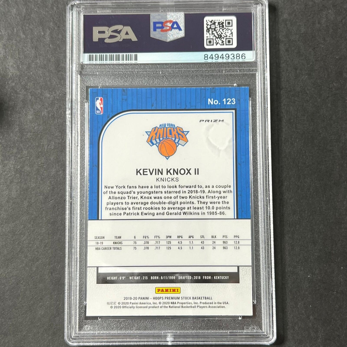 2019-20 Panini Hoops Premium Stock #123 Kevin Knox Signed Card Purple AUTO PSA S