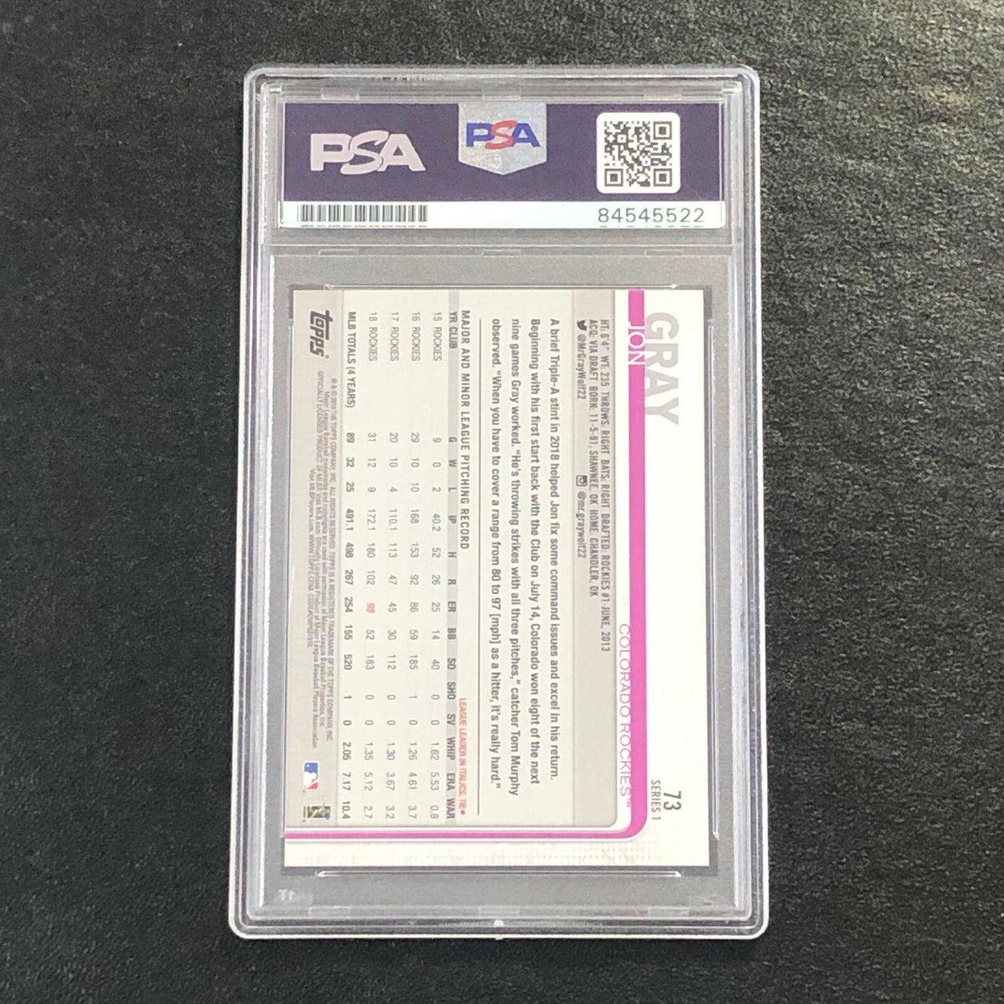 2019 Topps #73 Jon Gray Signed Card PSA Slabbed Auto 10 Rockies
