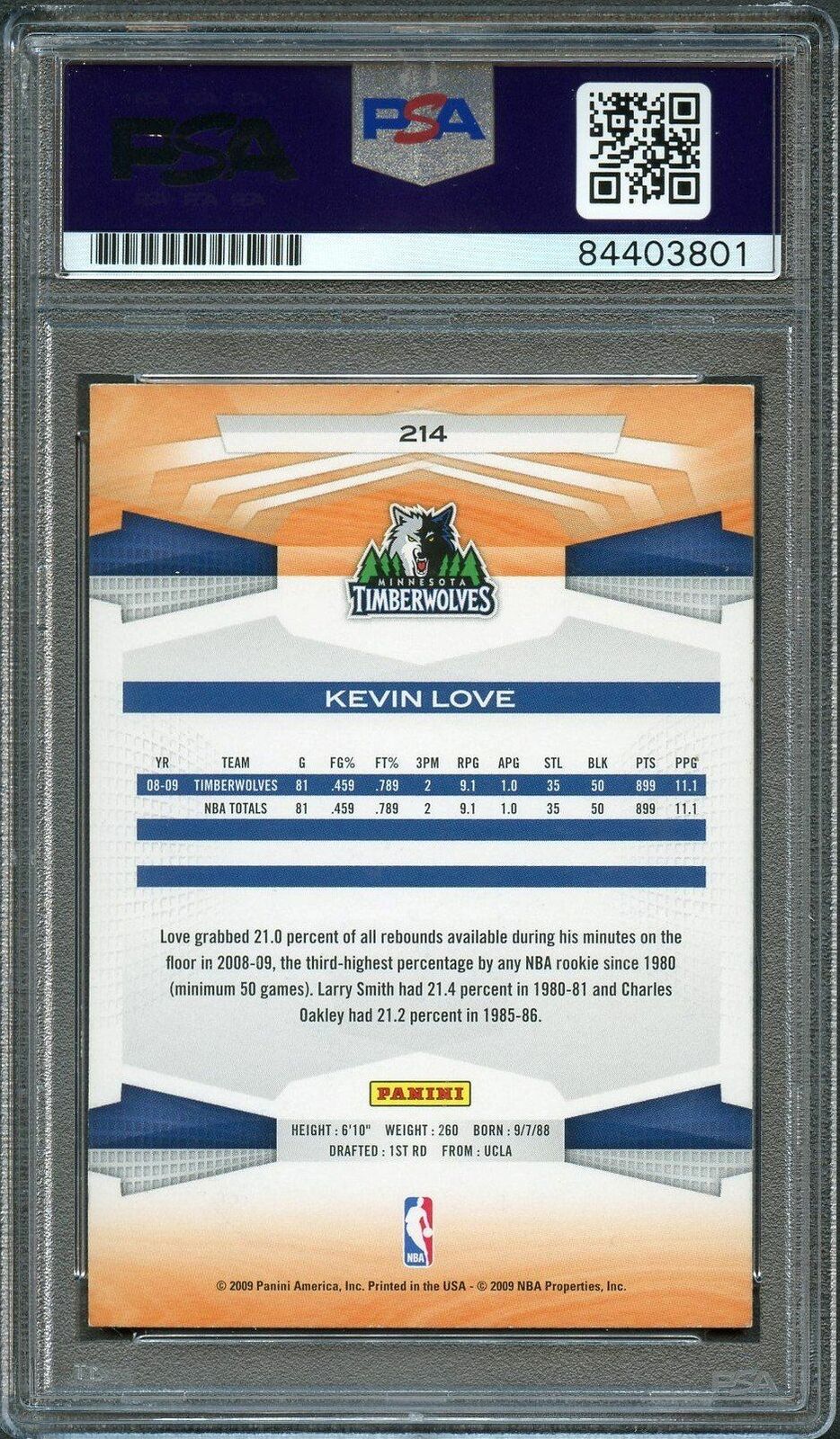 2009-10 Panini Basketball #214 Kevin Love Signed Card AUTO PSA Slabbed Timberwol