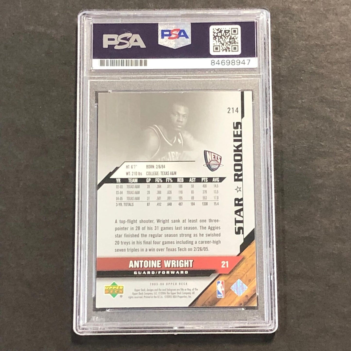 2005-06 Upper Deck #214 Antoine Wright Signed Card AUTO PSA Slabbed RC Nets