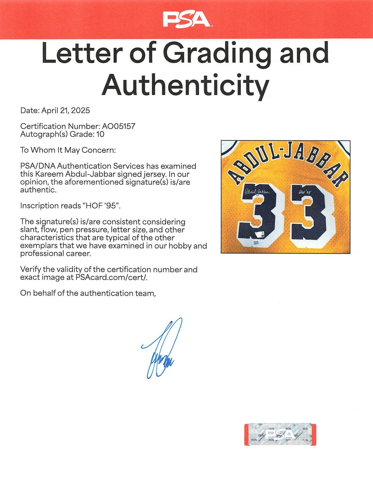 Kareem Abdul-Jabbar Signed Jersey PSA Auto Grade 10 Los Angeles Lakers Autograph