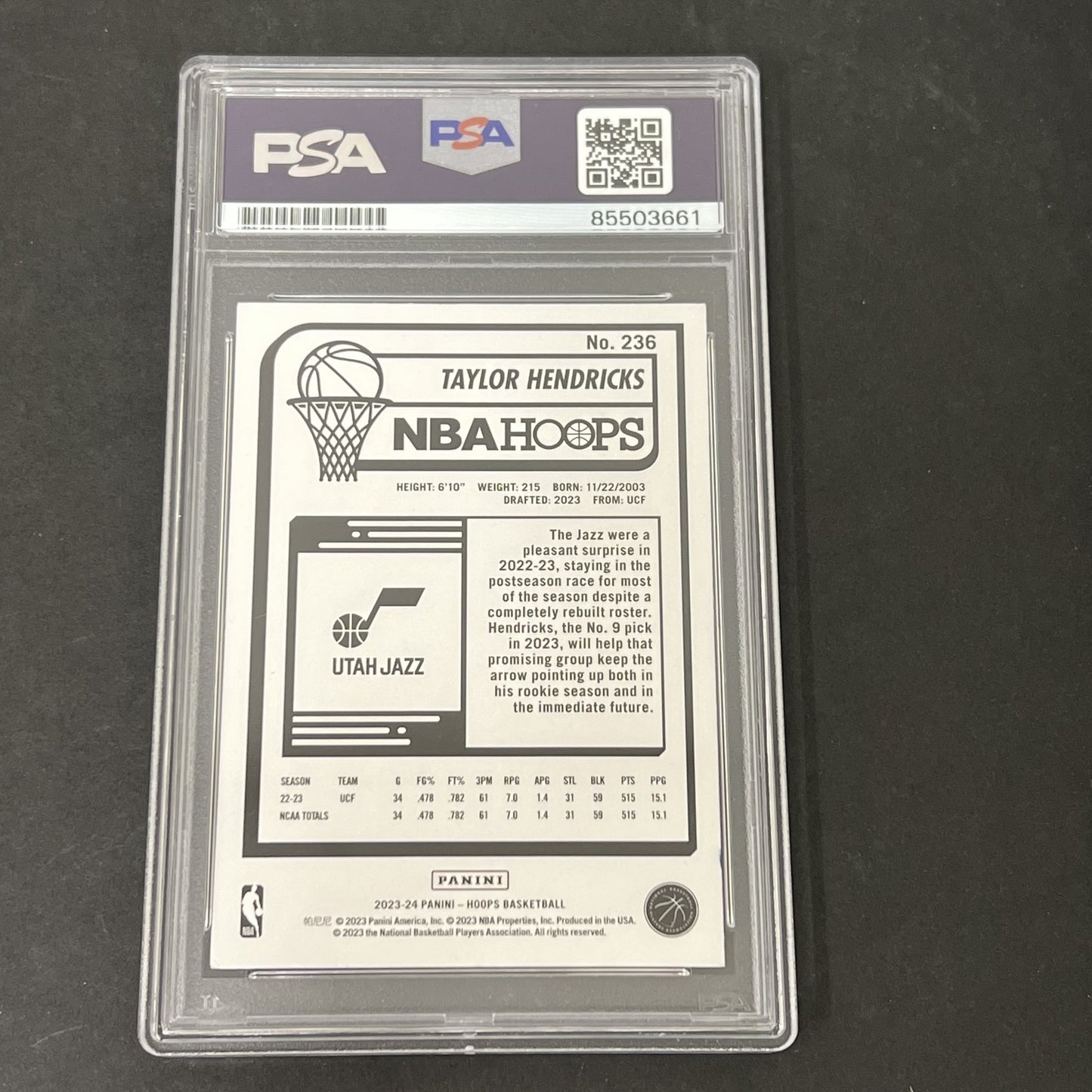 2023-24 Panini Hoops Basketball #236 Taylor Hendricks signed card PSA