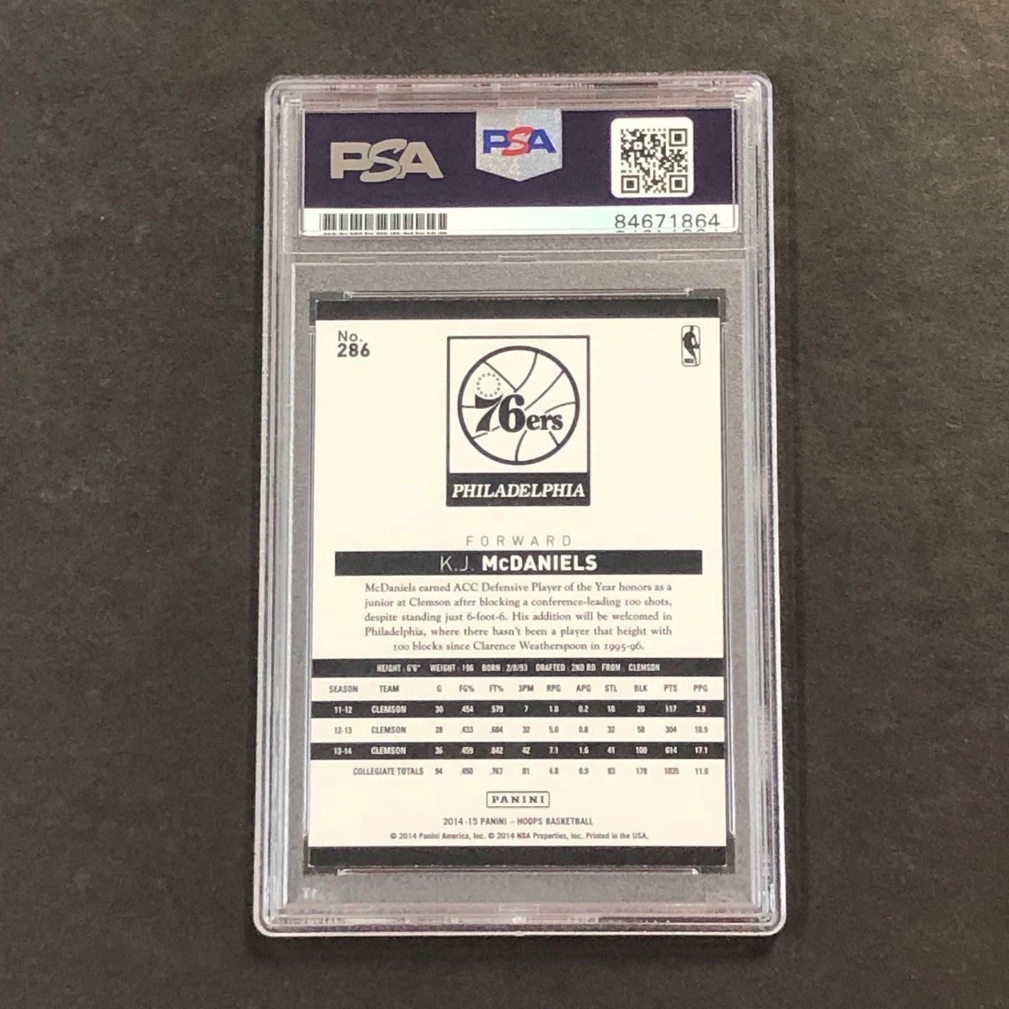 2014-15 NBA Hoops #286 KJ McDaniels Signed Card AUTO PSA Slabbed RC 76ers