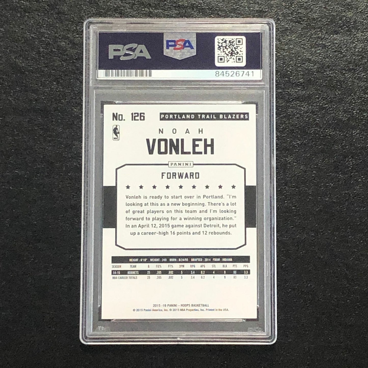 2015-16 NBA Hoops #126 Noah Vonleh Signed Card AUTO PSA/DNA Slabbed Portland Tra