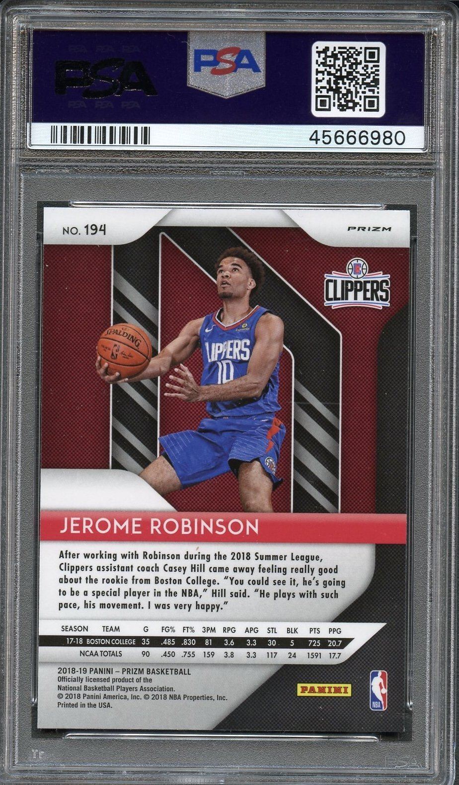 2018 Panini Prizm #194 Jerome Robinson Red Ice Prizm PSA 9 Mint RC
