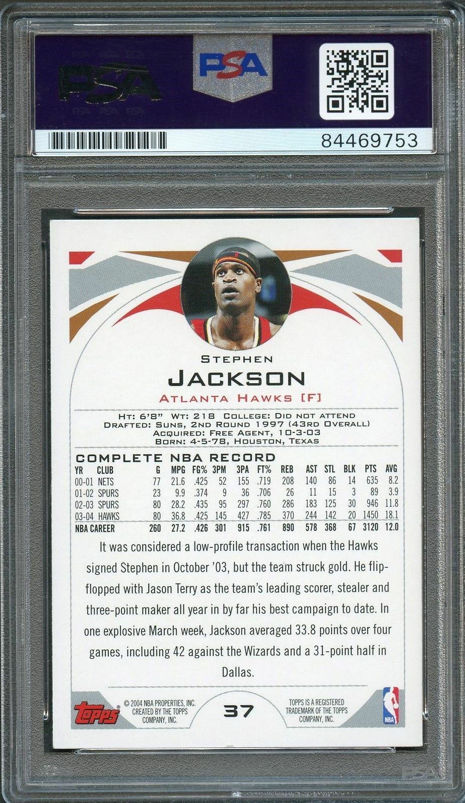 2004-05 Topps #37 Stephen Jackson Signed Card AUTO PSA Slabbed