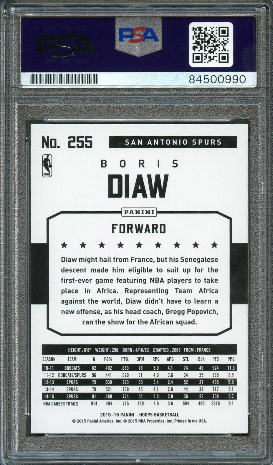 2015-16 NBA Hoops #255 Boris Diaw Signed Card AUTO 10 PSA Slabbed Spurs