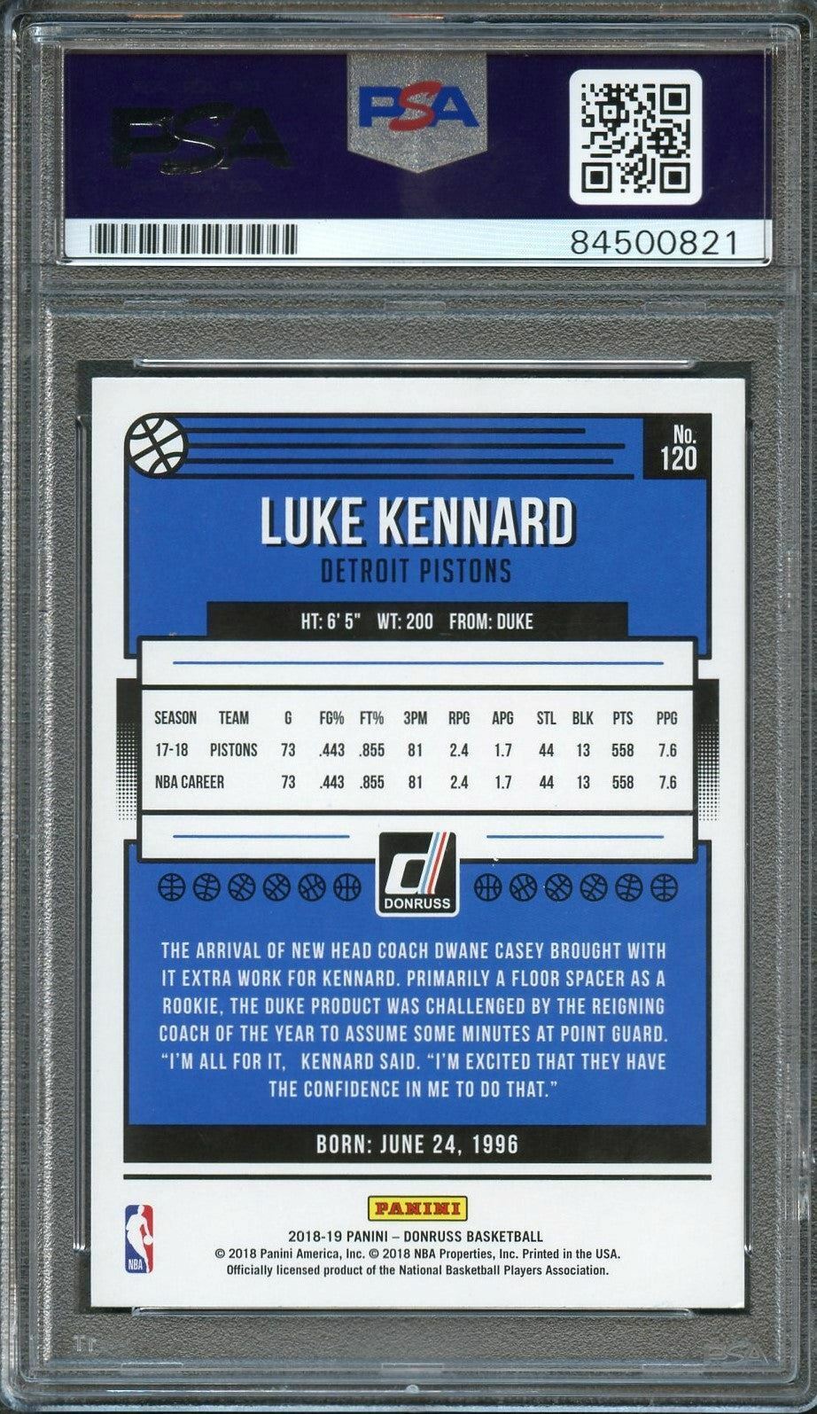 2018-19 Panini Donruss #120 Luke Kennard Signed Card AUTO 10 PSA Slabbed Pistons