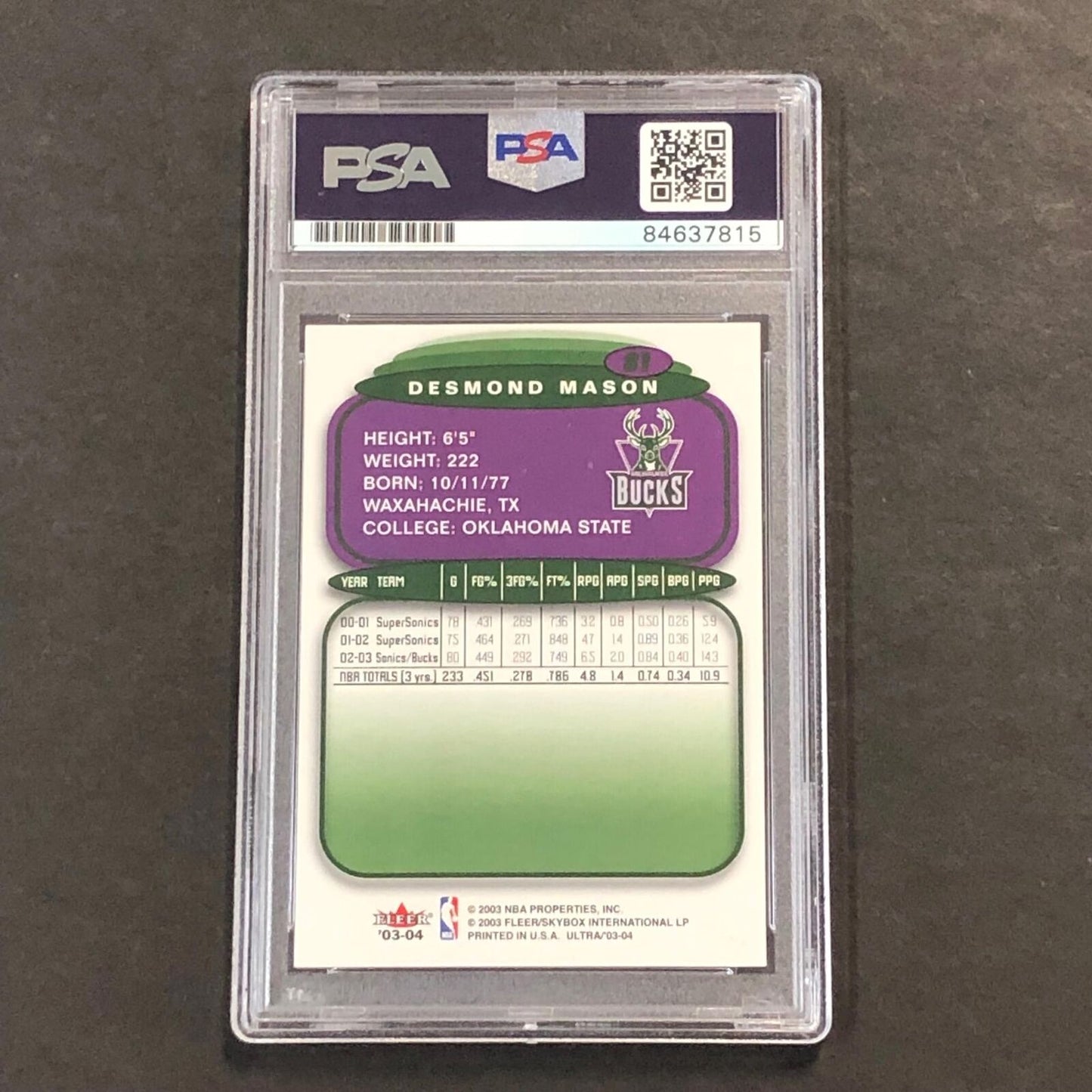 2003-04 Fleer Ultra #81 Desmond Mason Signed Card Auto PSA/DNA Slabbed Bucks