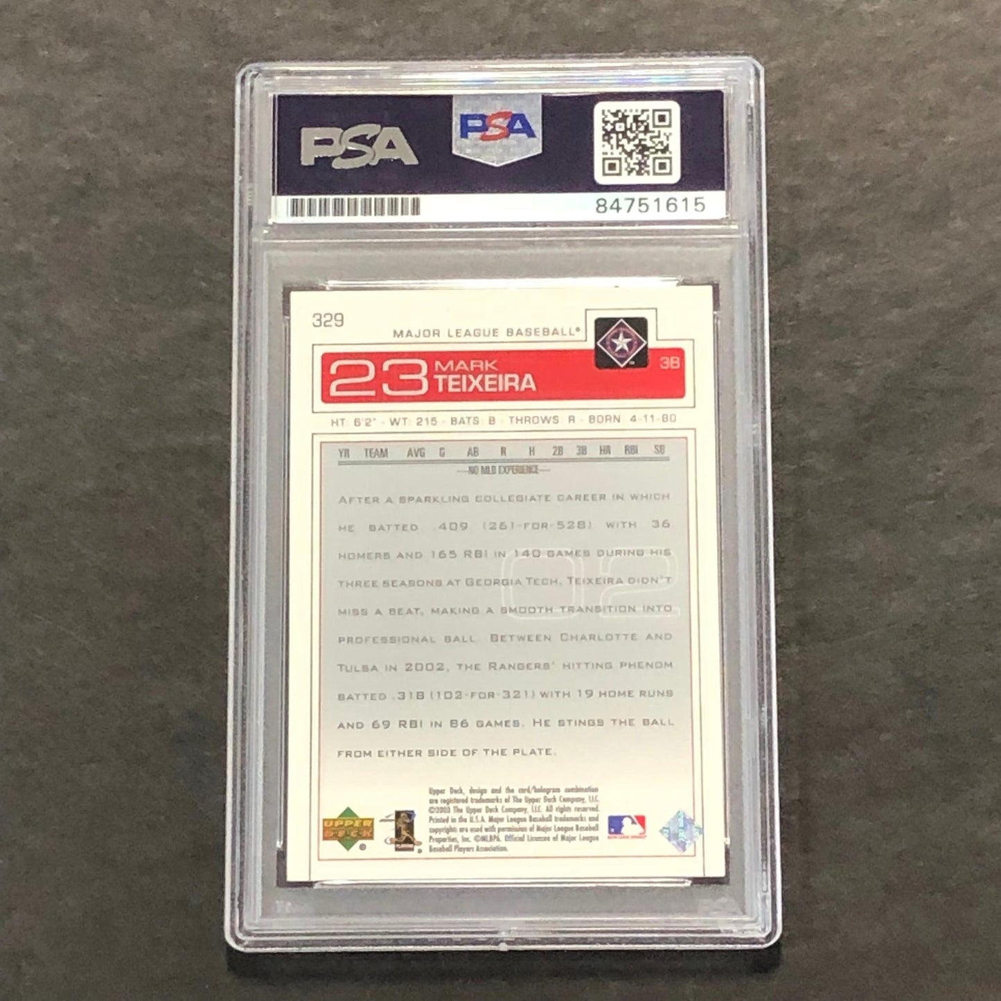 2003 Upper Deck #329 Mark Teixeira Signed Card AUTO PSA Slabbed Rangers