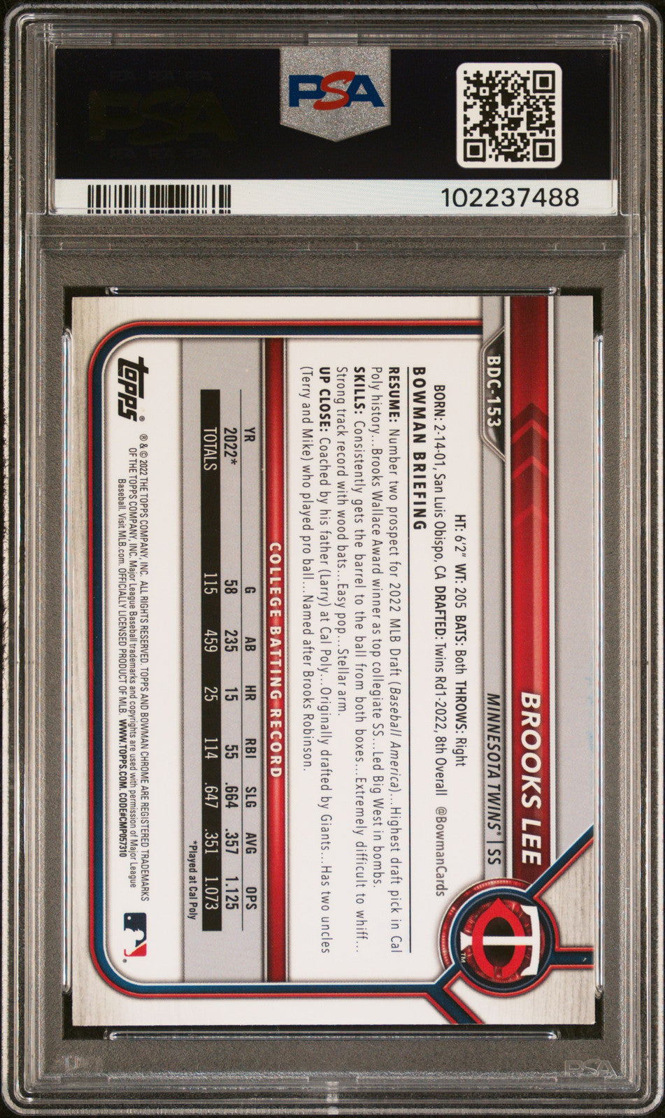 2022 Bowman Draft #BDC153 Brooks Lee PSA A Auto 10