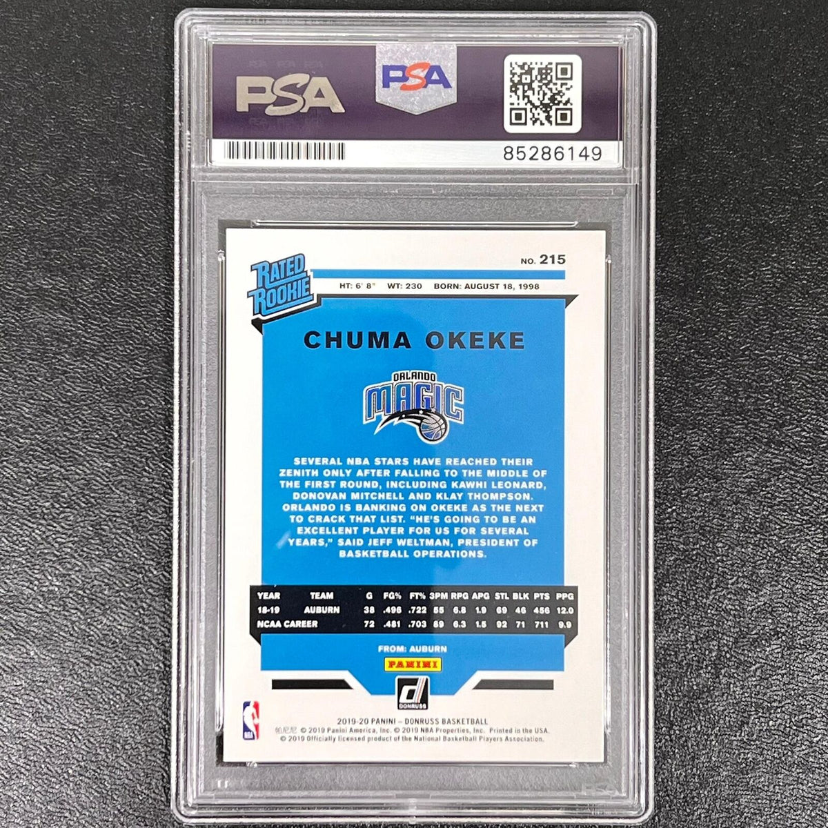 2019-20 Panini Donruss Rated Rookie #215 Chuma Okeke Signed Card AUTO PSA Slabbe