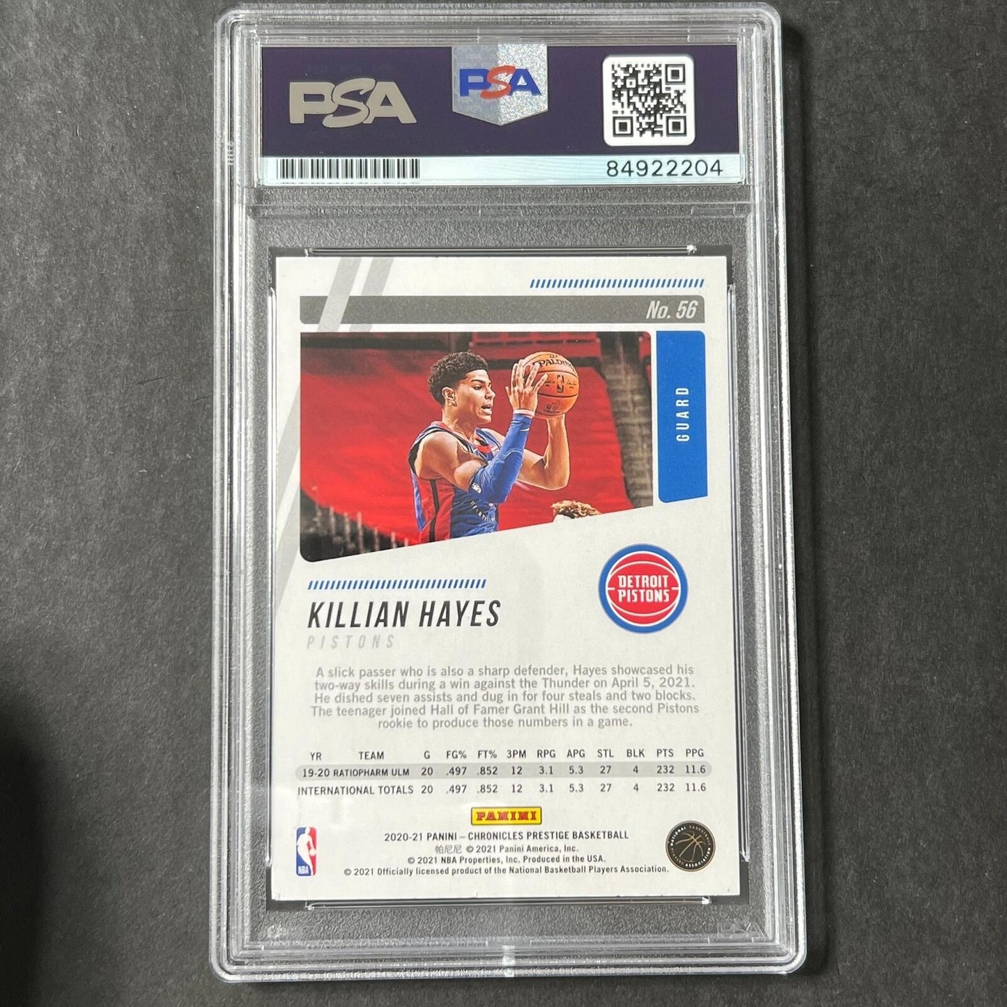 2020-21 Panini Chronicles Prestige #56 Killian Hayes Signed Card AUTO 10 PSA Sla