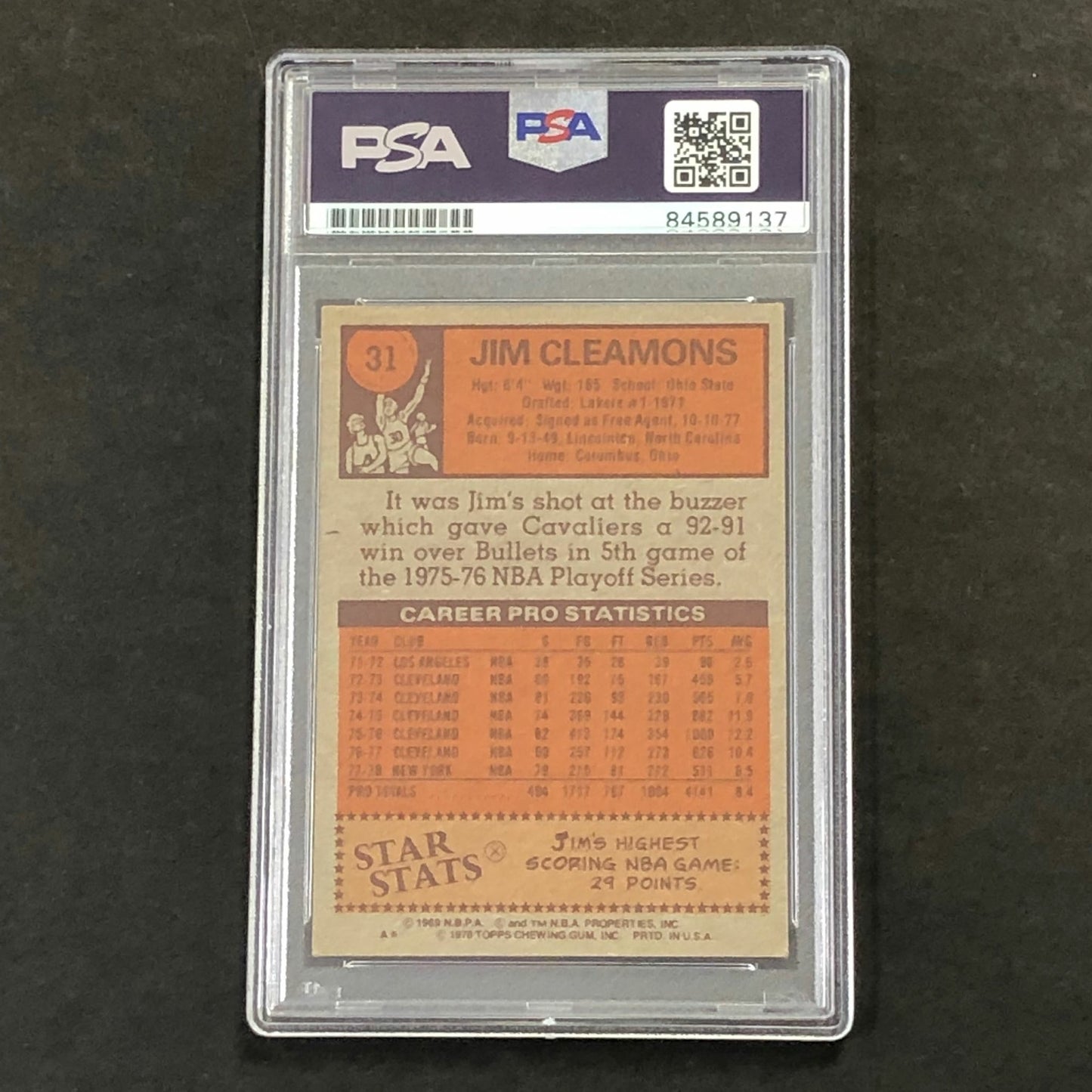 1978-79 TOPPS #31 JIM CLEAMONS Signed Card AUTO 10 PSA Slabbed Knicks