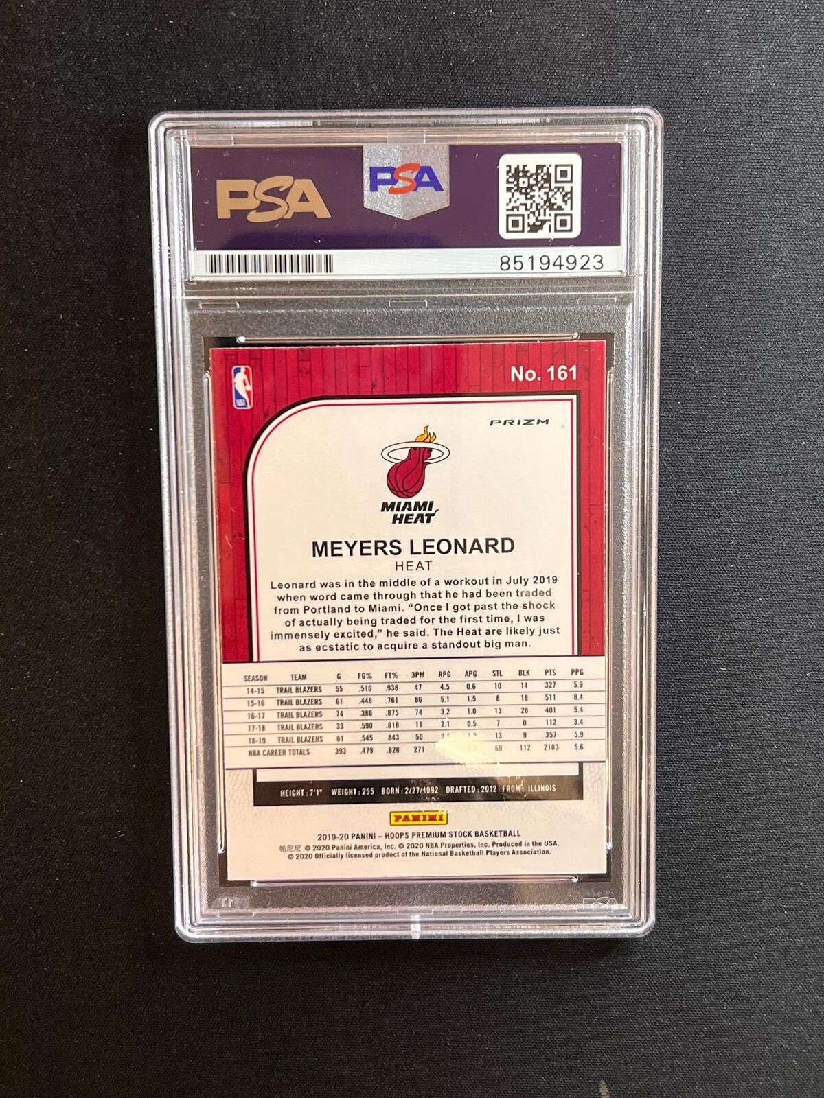 2019-20 Panini Hoops Premium Stock #161 Meyers Leonard Signed Card AUTO PSA Slab