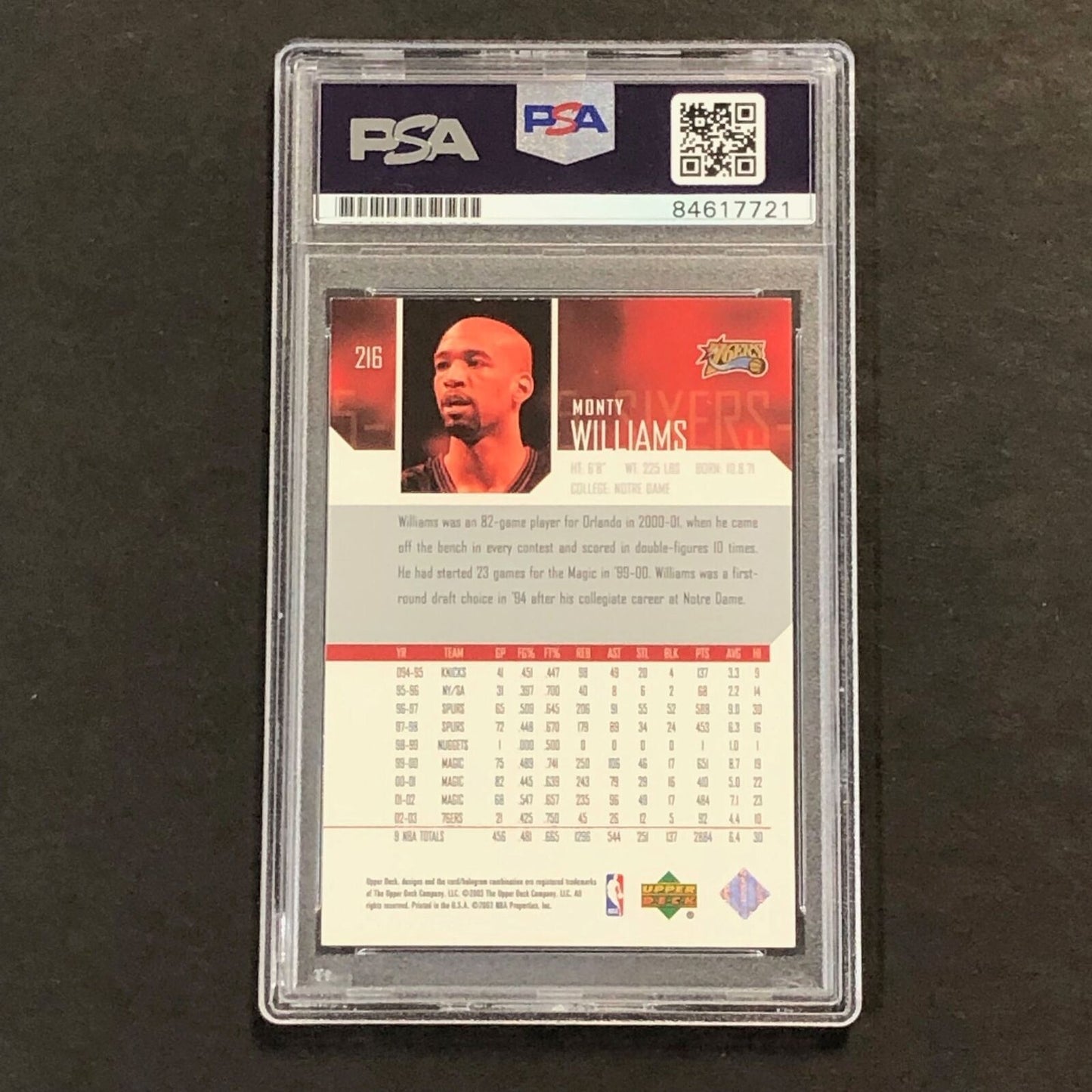 2003 Upper Deck #216 Monty Williams Signed Card AUTO 10 PSA Slabbed 76ers