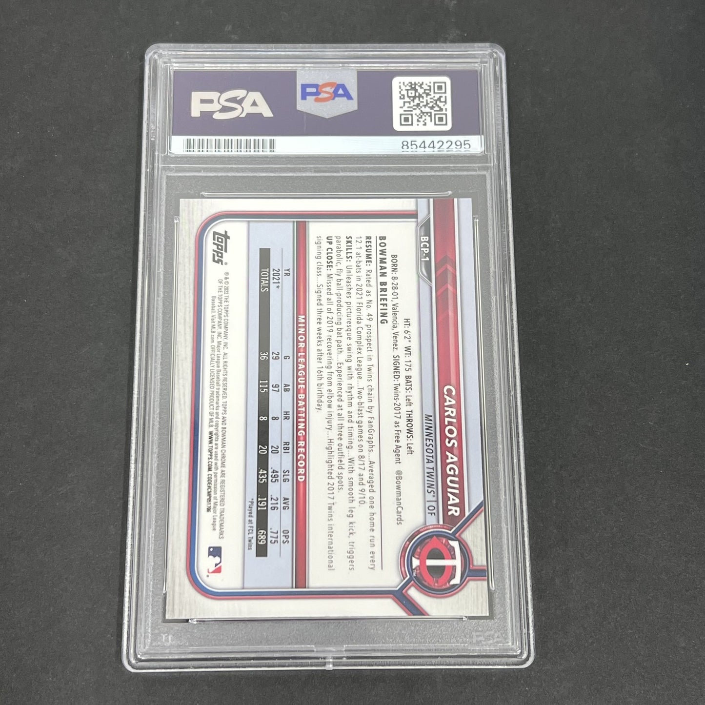 2022 Bowman Chrome Prospects #BCP-1 Carlos Aguiar signed card PSA Auto 10