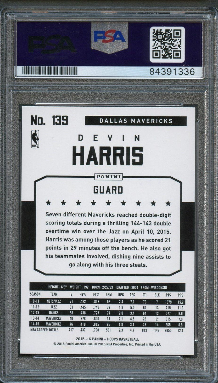 2015-16 NBA Hoops #139 Devin Harris Signed Card AUTO PSA Slabbed