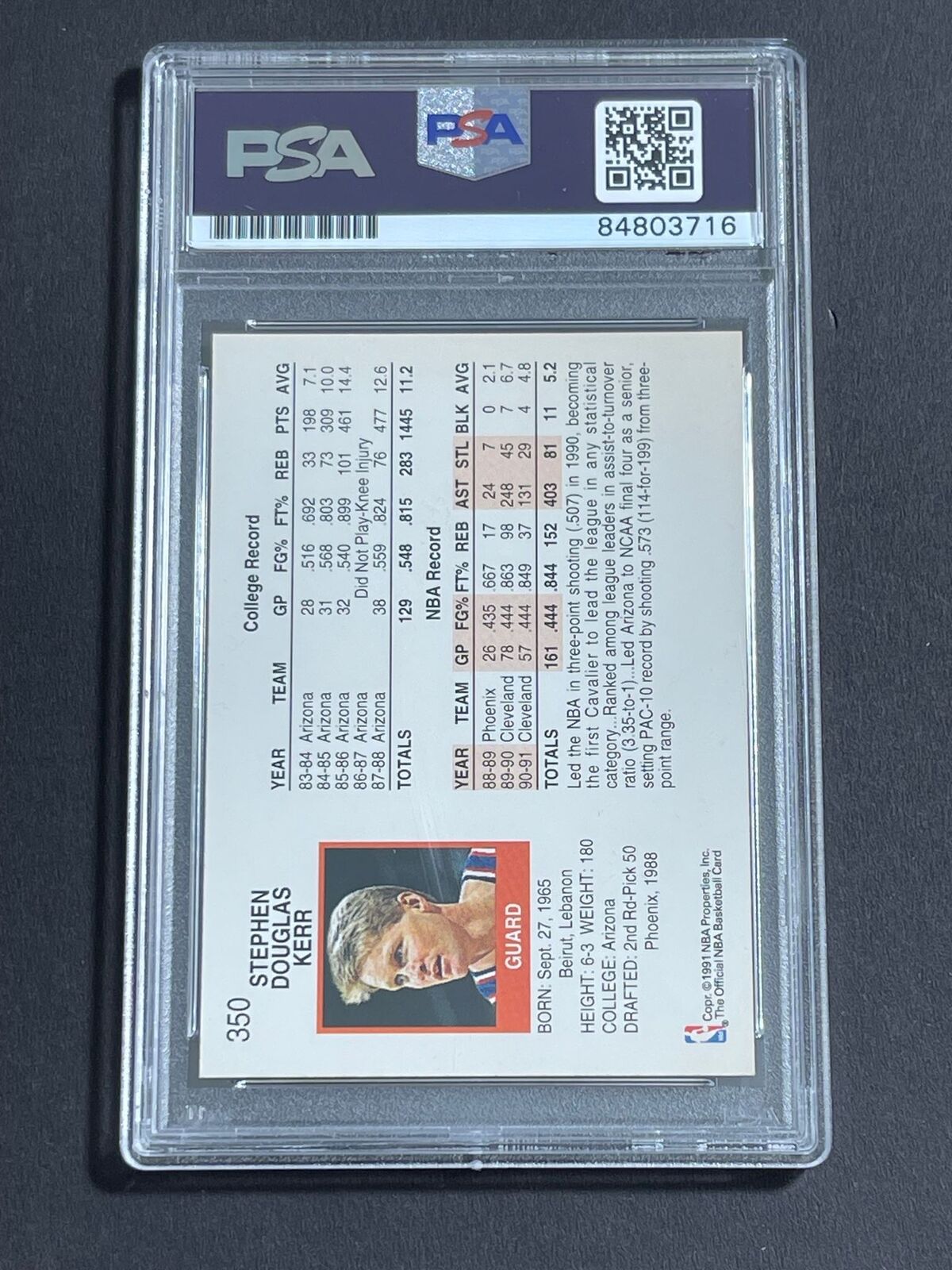 1991 NBA Properties #350 Steve Kerr Signed Card Auto 10 PSA Slabbed Cavaliers