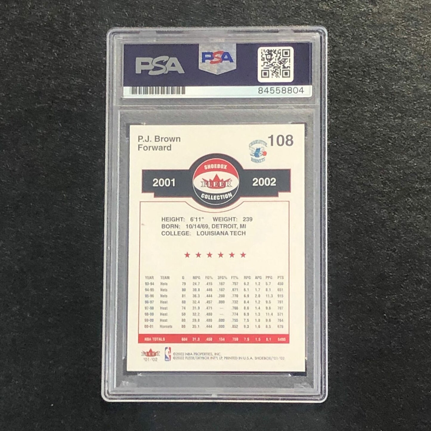 2001-02 Fleer Shoebox Collection #108 PJ BROWN Signed AUTO PSA Slabbed Hornets