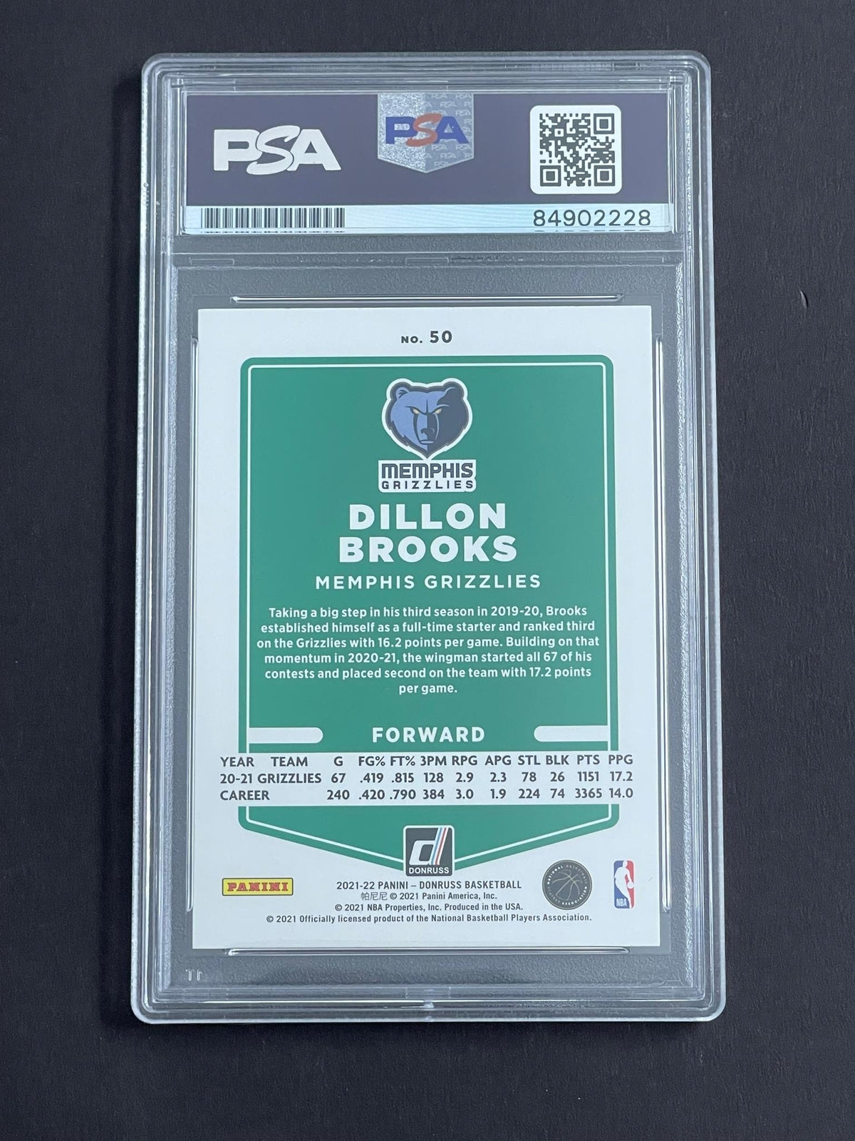 2021-22 Panini Donruss Light Blue Laser #50 Dillon Brooks Signed Card PSA Slabbe