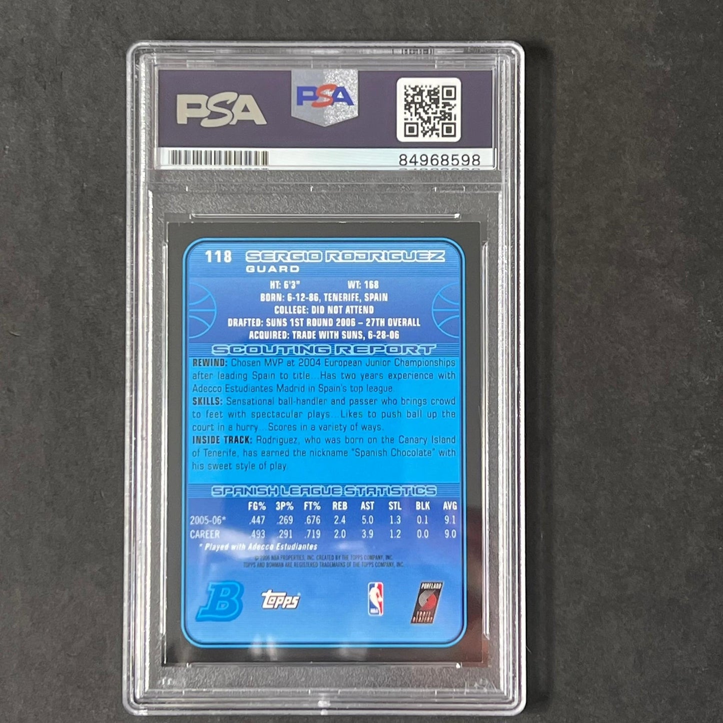 2006-07 Bowman Chrome #118 Sergio Rodriguez Signed Card AUTO PSA Slabbed Trail B