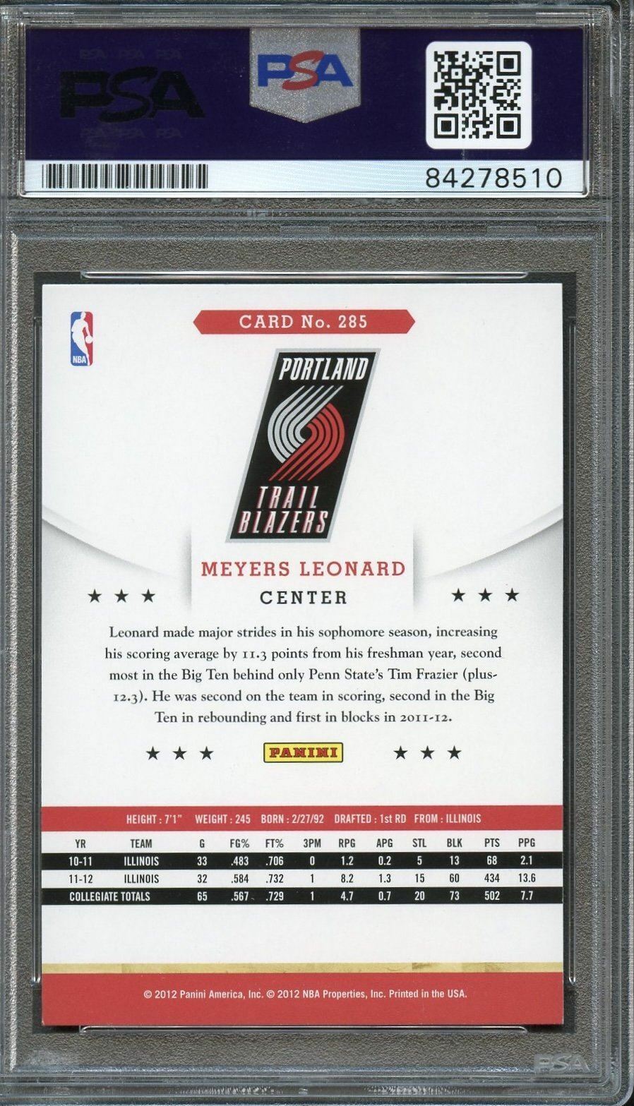 2012 Panini NBA Hoops #285 Meyers Leonard Signed Card AUTO PSA Slabbed Trail Bla