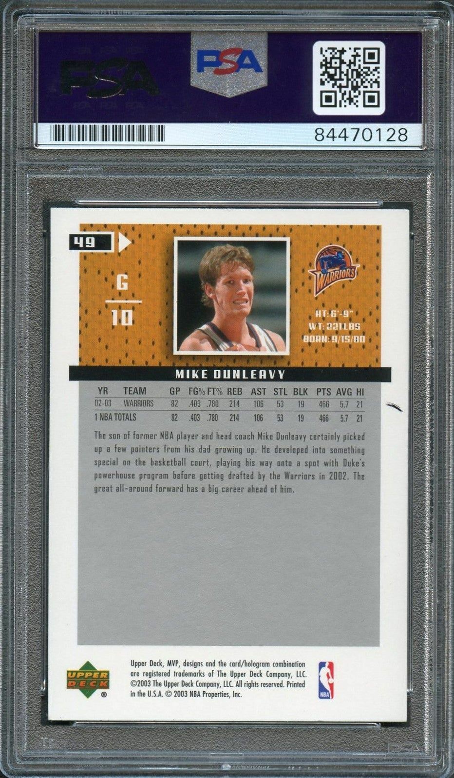 2003-04 Upper Deck MVP #49 Mike Dunleavy Signed Card AUTO PSA Warriors