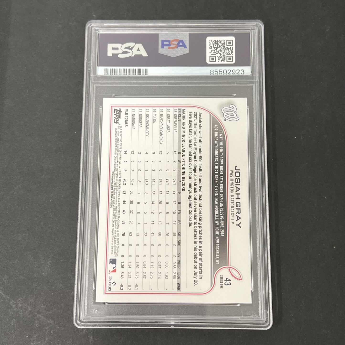 2022 Topps Series 1 #43 Josiah Gray signed card PSA Auto 10 Nationals