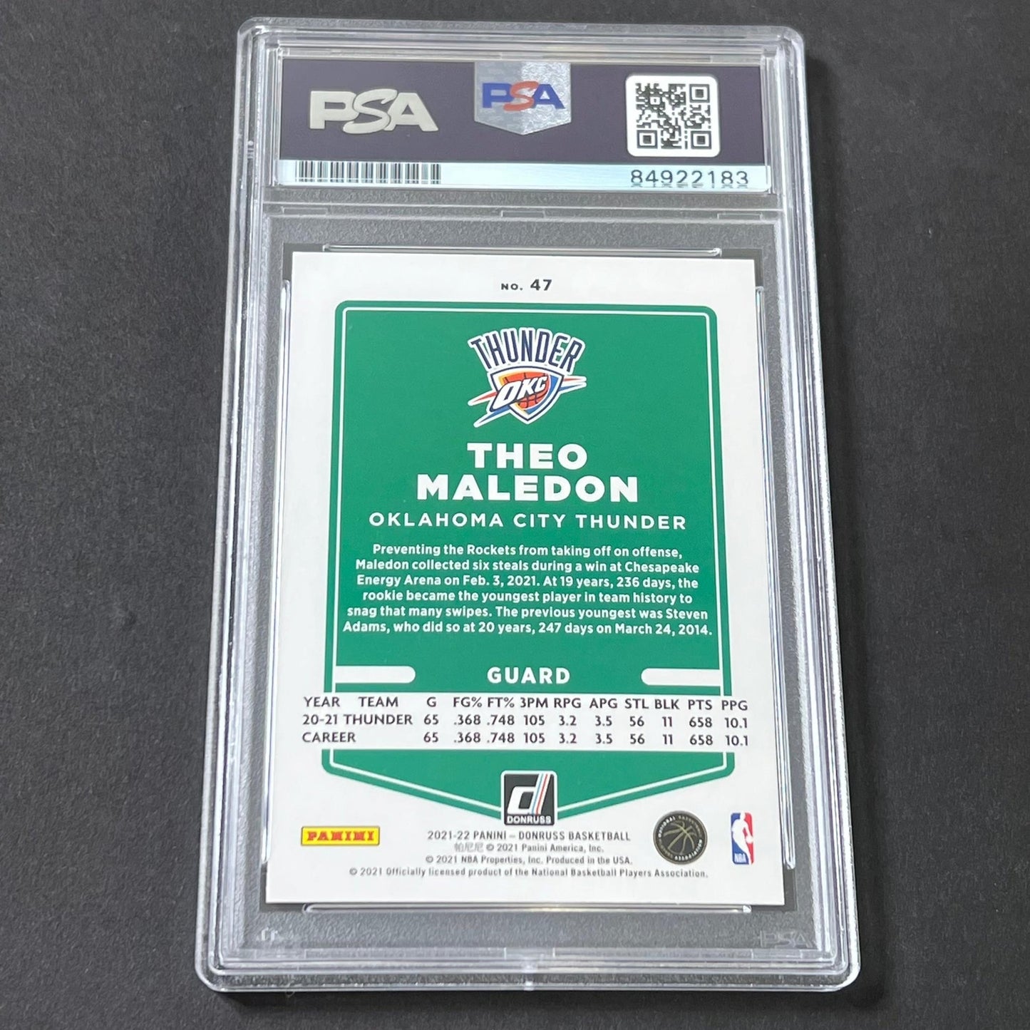 2021-22 Panini Donruss #47 Theo Maledon Signed Card AUTO 10 PSA Slabbed Thunder