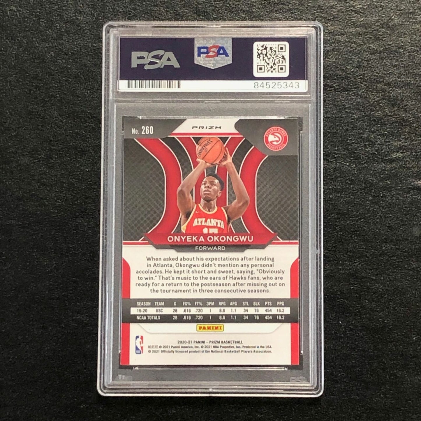 2020-21 Panini Prizm Silver #260 Onyeka Okongwu signed AUTO Card PSA/DNA Slabbed