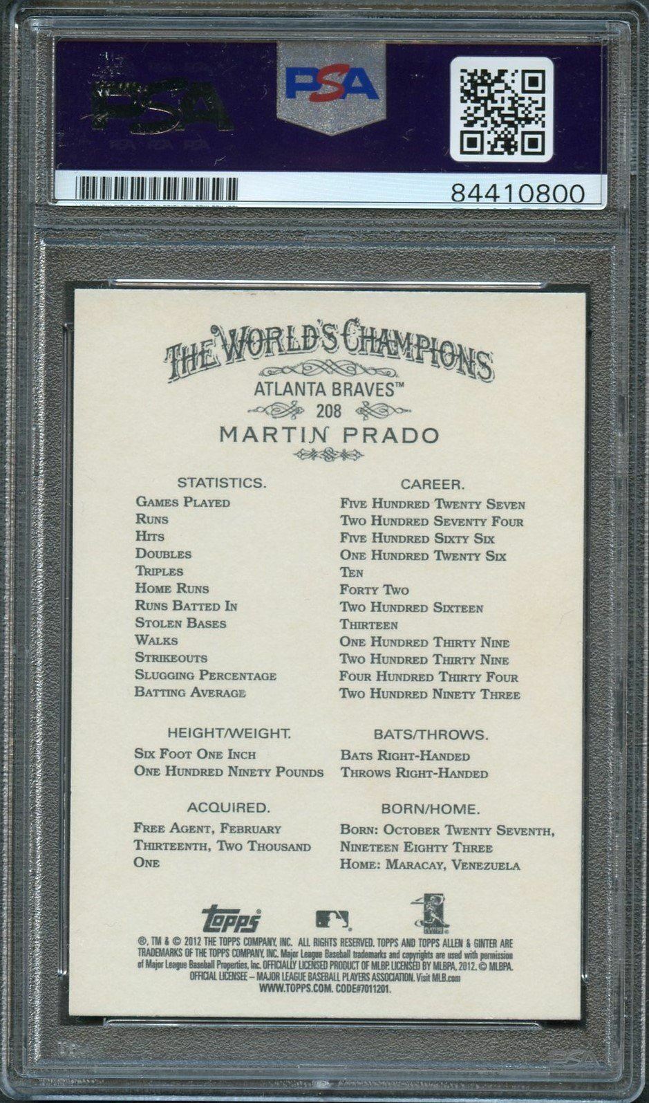 2012 Topps Allen and Ginter #208 Martin Prado Signed Card PSA Slabbed Auto 10 Br