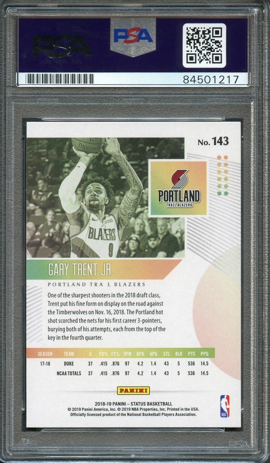 2018-19 Panini Status Rookies 1 #143 Gary Trent Jr Signed Rookie Card AUTO PSA S