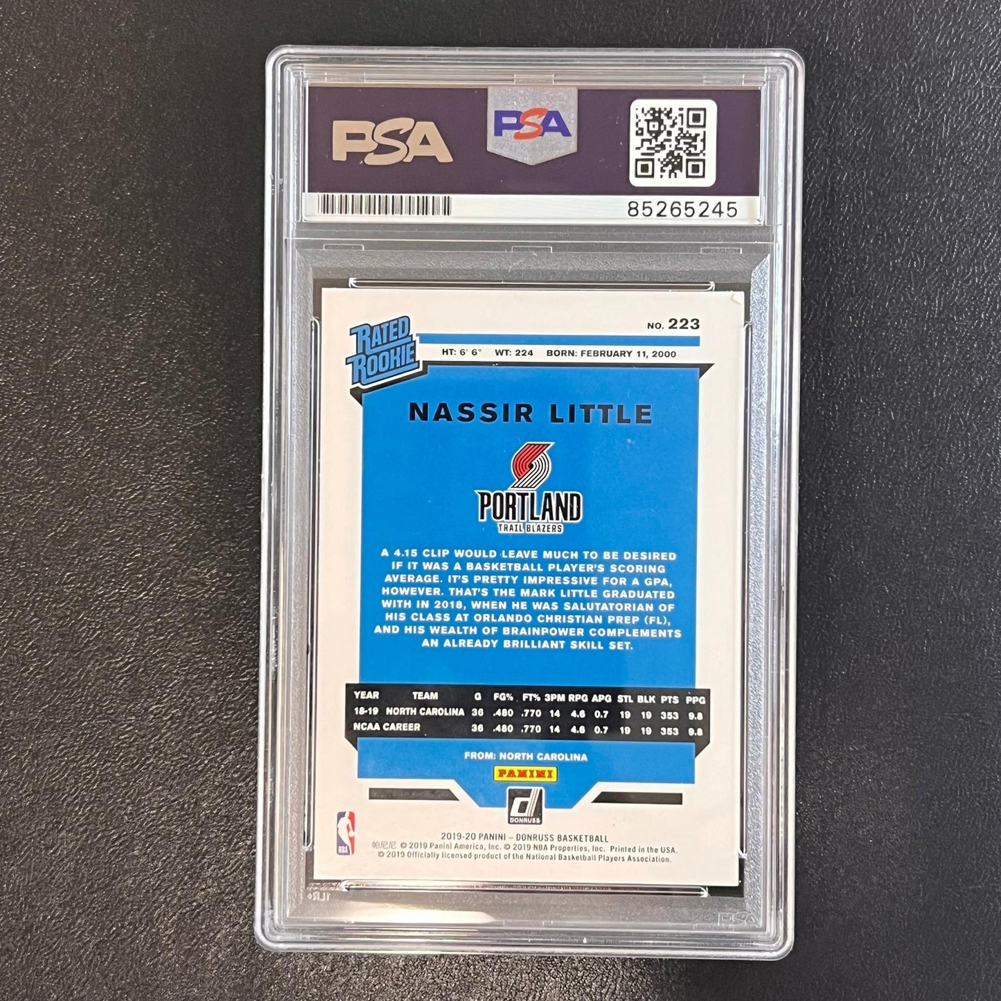 2019-20 Donruss Rated Rookie #223 Nassir Little Signed Rookie Card AUTO PSA Slab