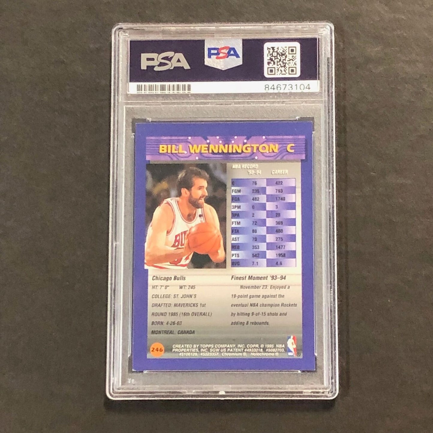 1994-95 Topps Finest #246 Bill Wennington Signed Card AUTO GRADE 10 PSA Slabbed