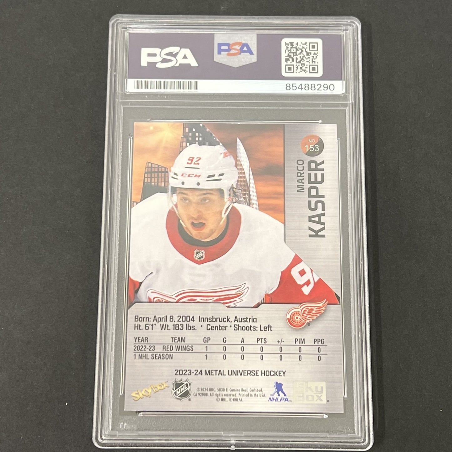 2023-24 Metal Universe Hockey #153 Marco Kasper signed card PSA Red Wings