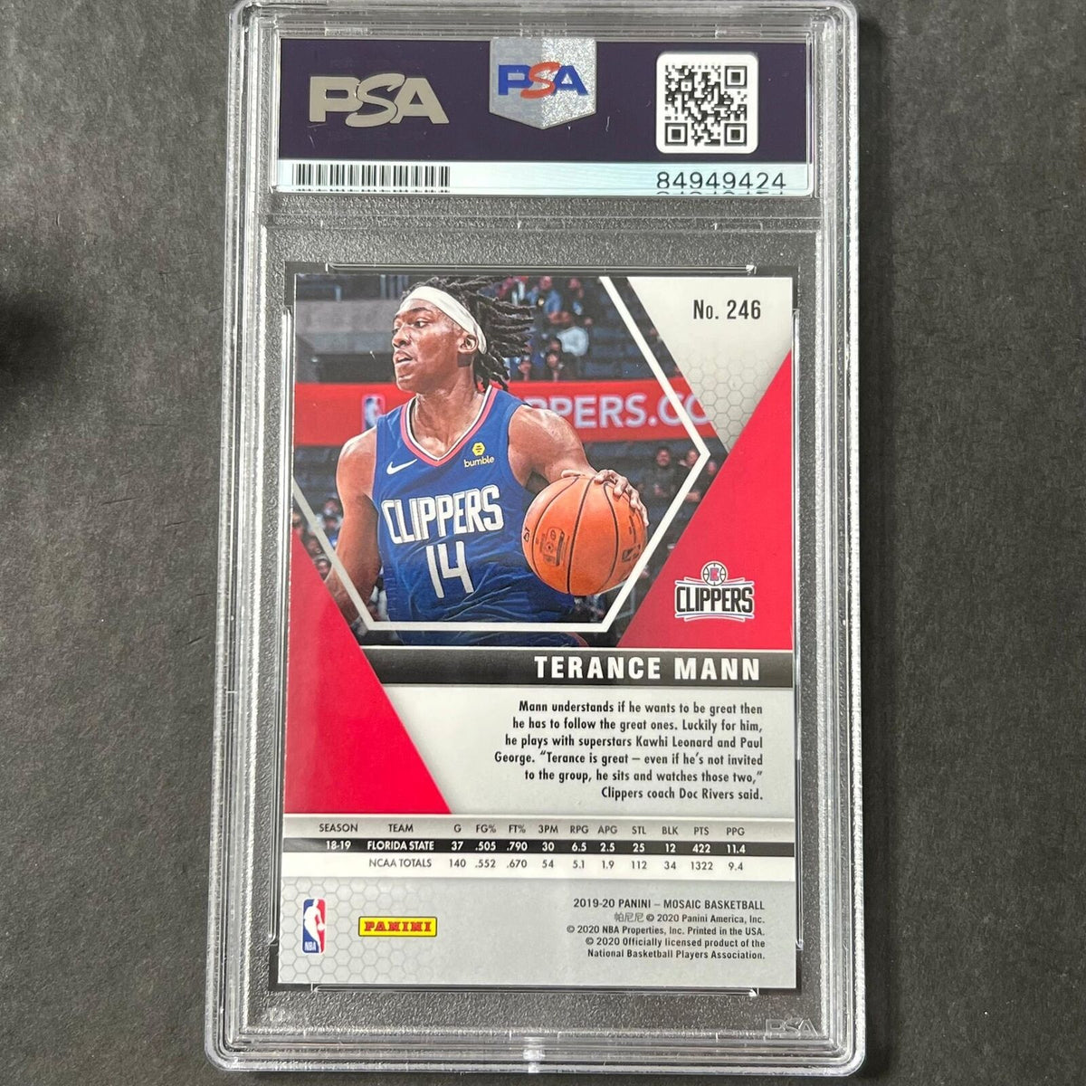 2019-20 Panini Mosaic #246 Terance Mann Signed Card AUTO PSA Slabbed Clippers