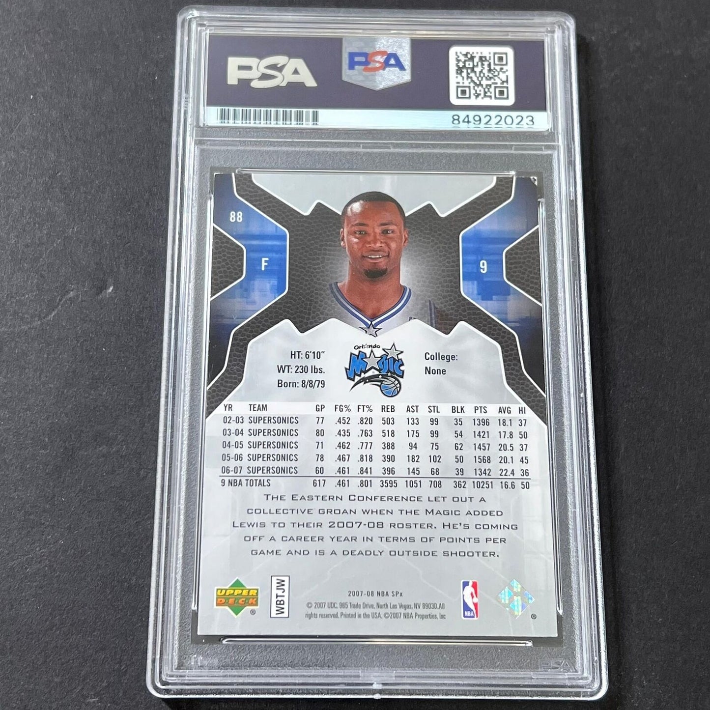 2007-08 Upper Deck SP #88 Rashard Lewis Signed Card AUTO GRADE 10 PSA/DNA Slabbe