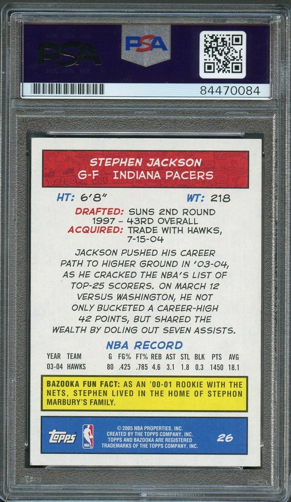 2004-05 Topps Bazooka #26 Stephen Jackson Signed Card AUTO PSA Slabbed Pacers