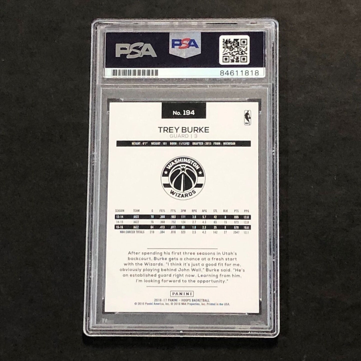 2016-17 NBA Hoops #194 Trey Burke Signed Card AUTO 10 PSA Slabbed Wizards