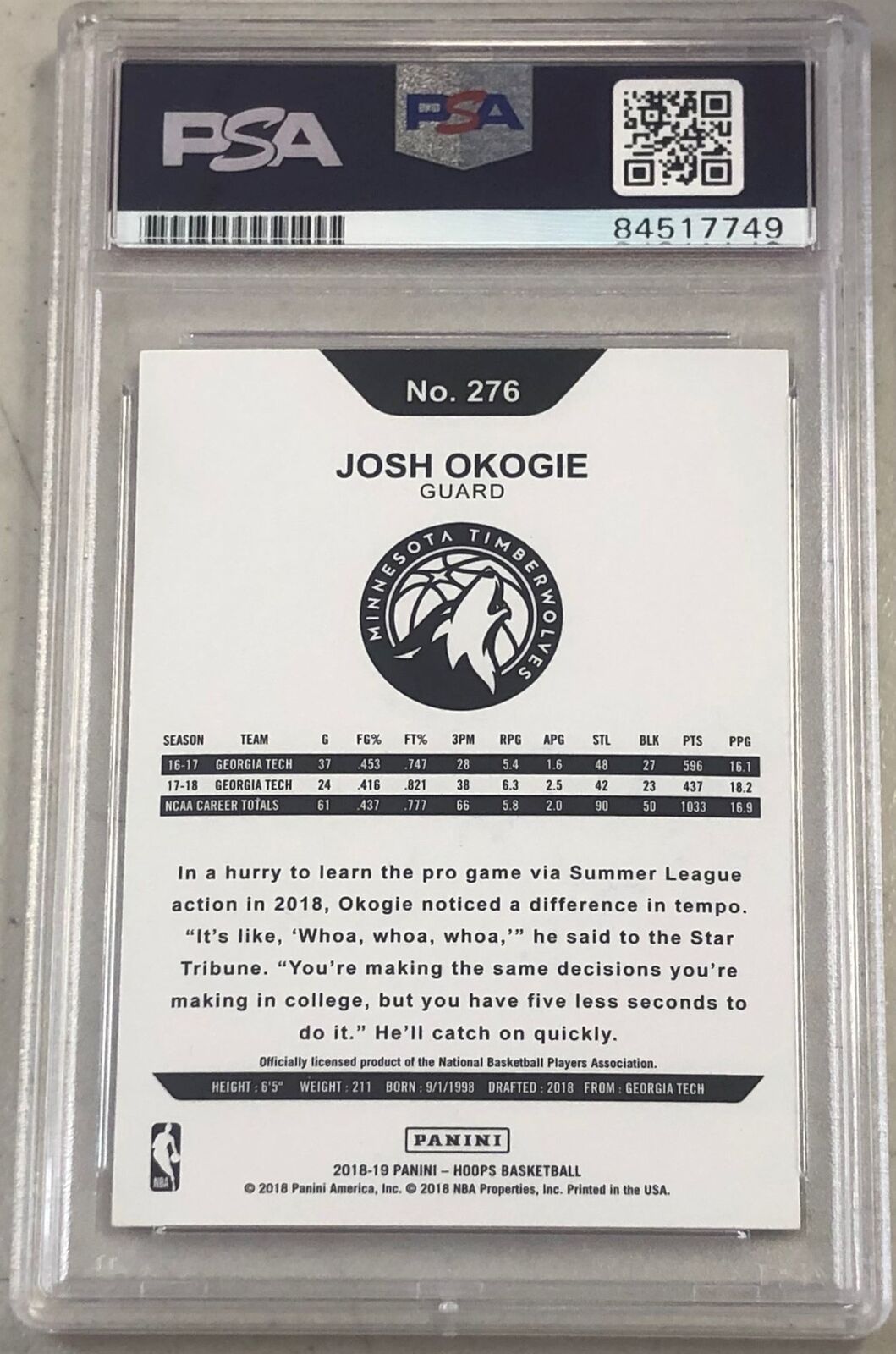 2018-19 NBA Hoops #276 Josh Okogie Signed Rookie Card AUTO PSA Slabbed RC Timber