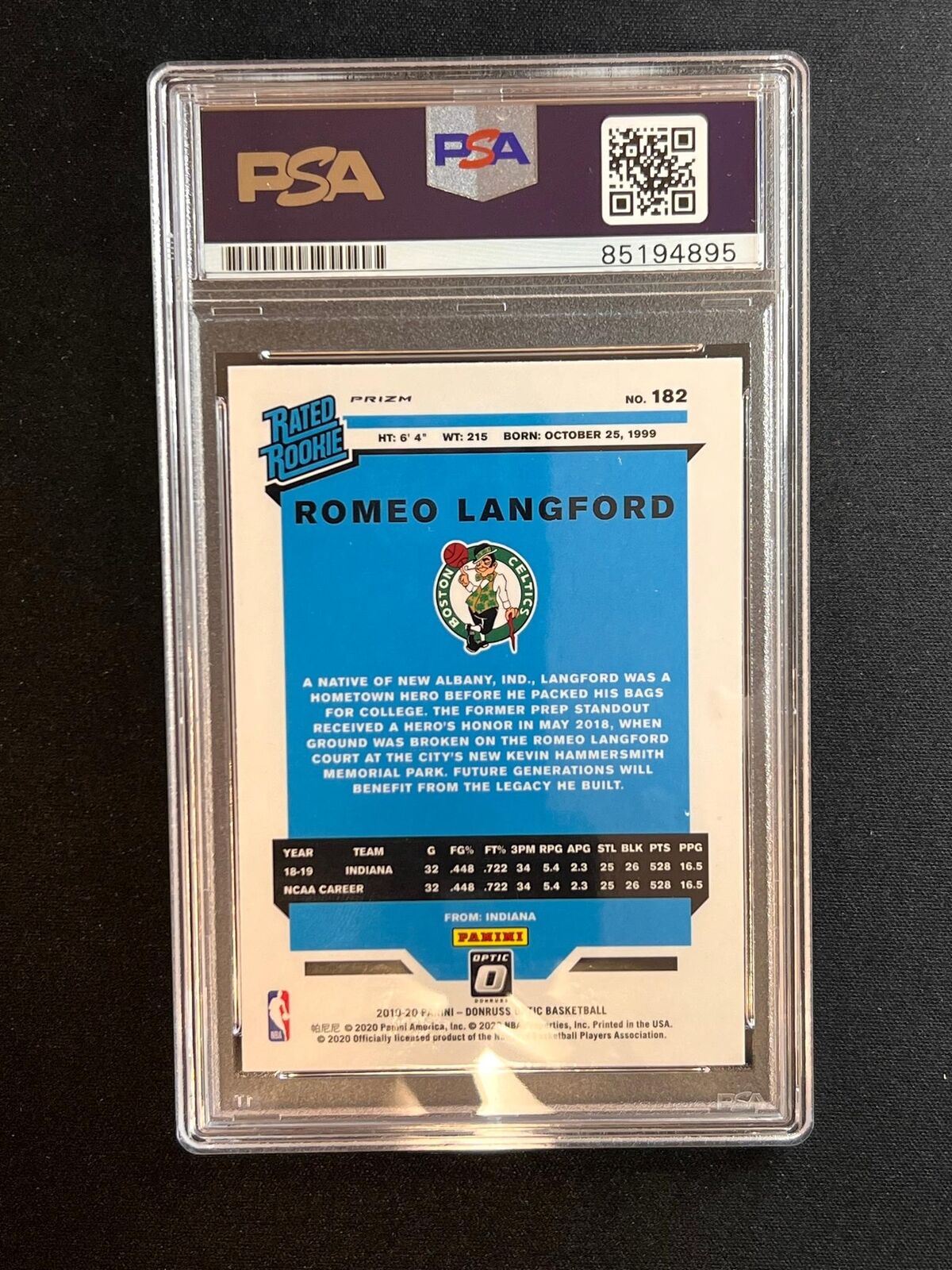 2019-20 Panini Donruss Optic #182 Romeo Langford Signed Card PSA Slabbed Auto Ce