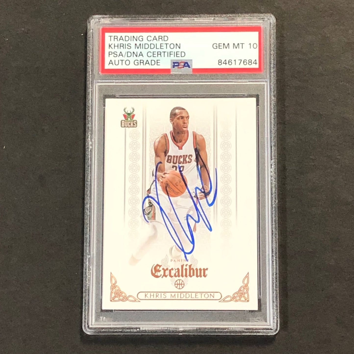2014-15 Panini Excalibur #22 Khris Middleton Signed Card AUTO 10 PSA/DNA Slabbed