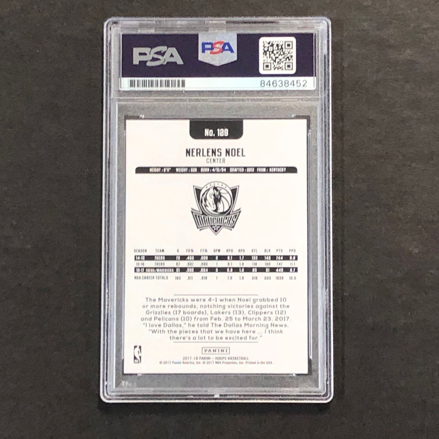2017-18 Panini NBA Hoops #129 Nerlens Noel Signed Card AUTO PSA Slabbed Maverick