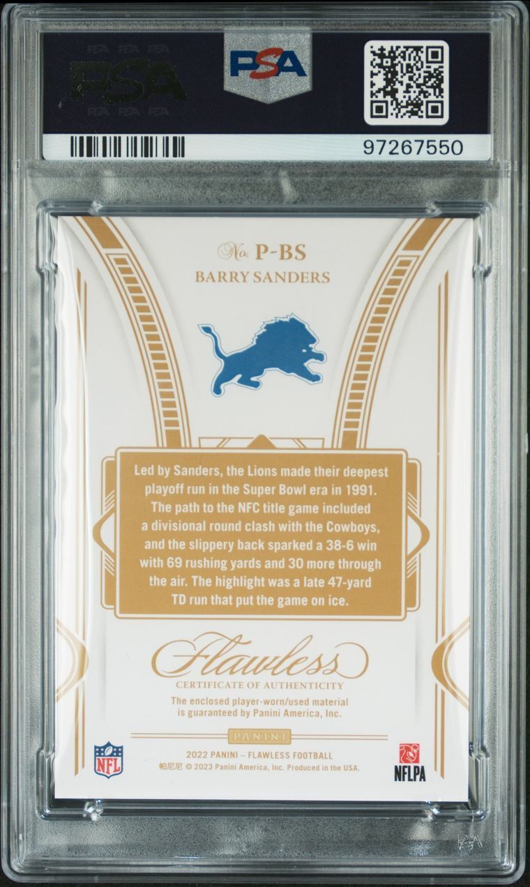 2022 Flawless Patches #PBS 23/25 Barry Sanders Signed Card AUTO 10 NM-MT 8 Slabb